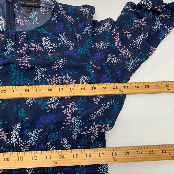 Lane Bryant Dress18 Career Blue Midi Floral 3/4 Sheer Sleeve Cinch Waist Office - Picture 9 of 11